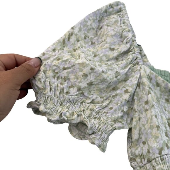 Sun Deh Green Floral Puff Sleeve Smocked Waist Cropped Blouse Womens Small - Picture 2 of 6